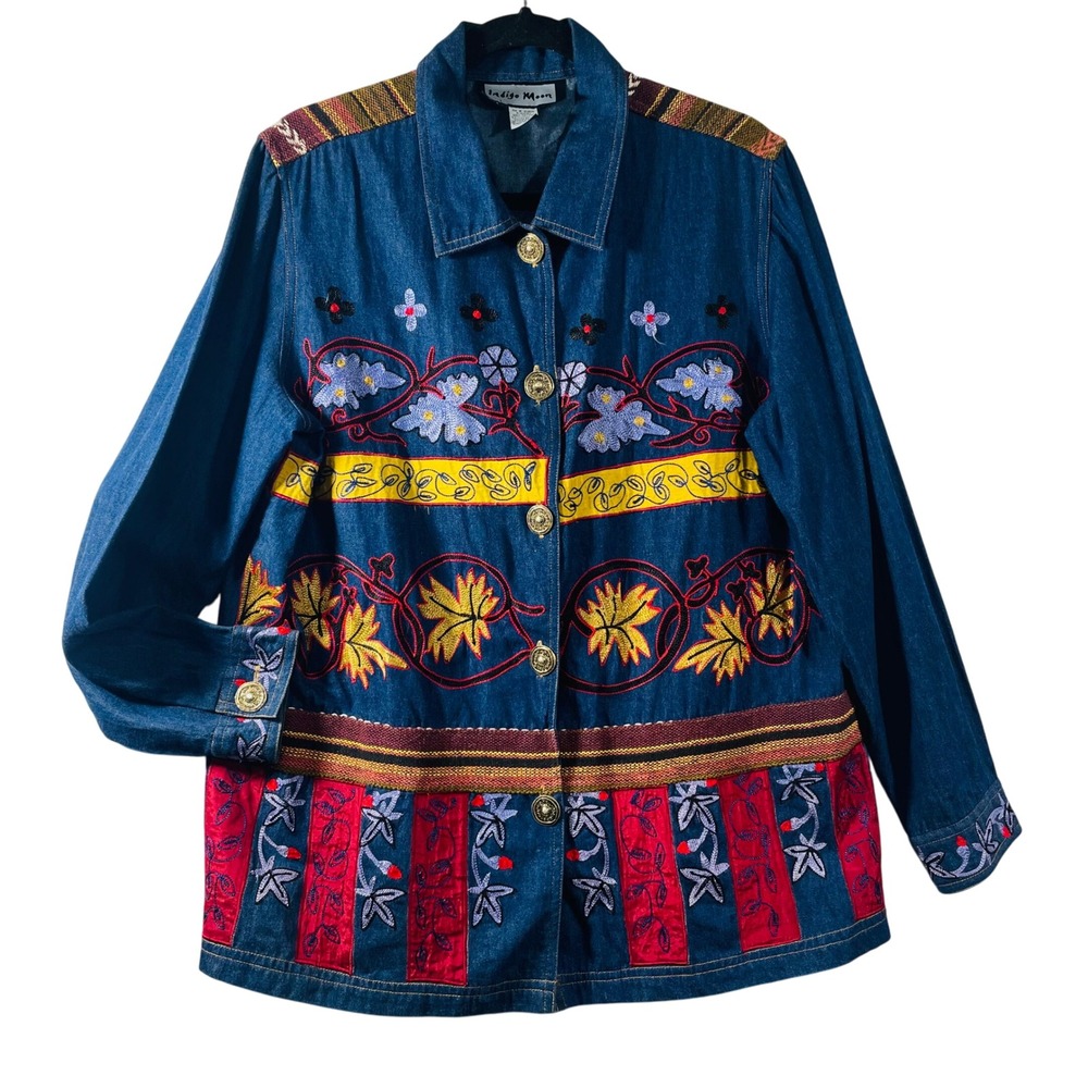 Indigo‎ Moon Women Denim Jacket M Embroidered Floral Button Up Vintage Western